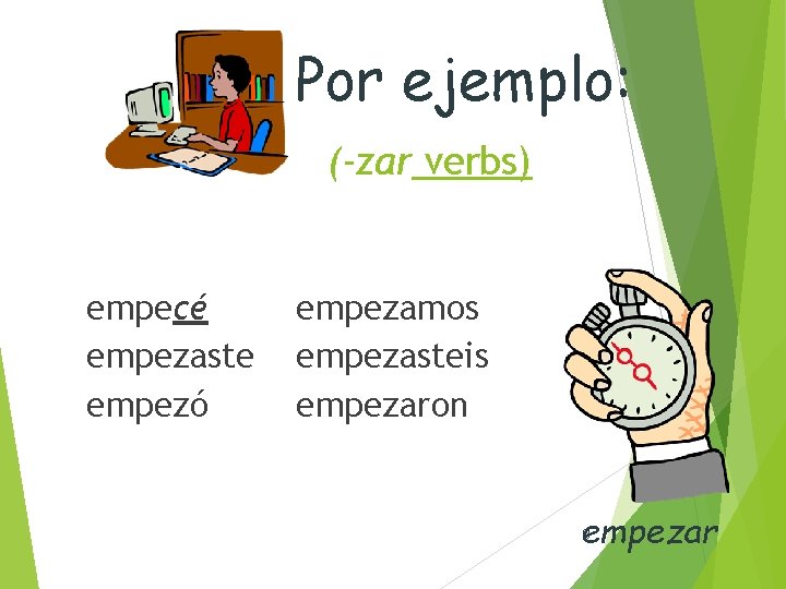 Por ejemplo: (-zar verbs) empecé empezaste empezó empezamos empezasteis empezaron 9 empezar 
