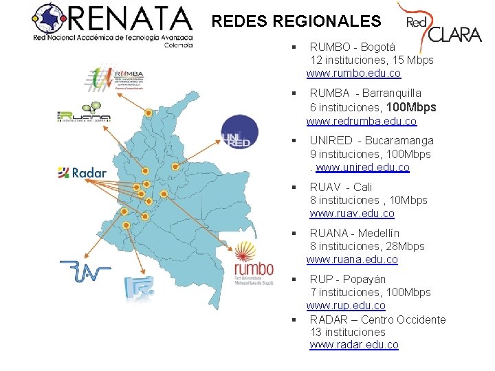 REDES REGIONALES § RUMBO - Bogotá 12 instituciones, 15 Mbps www. rumbo. edu. co