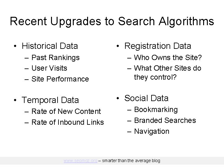 Recent Upgrades to Search Algorithms • Historical Data – Past Rankings – User Visits