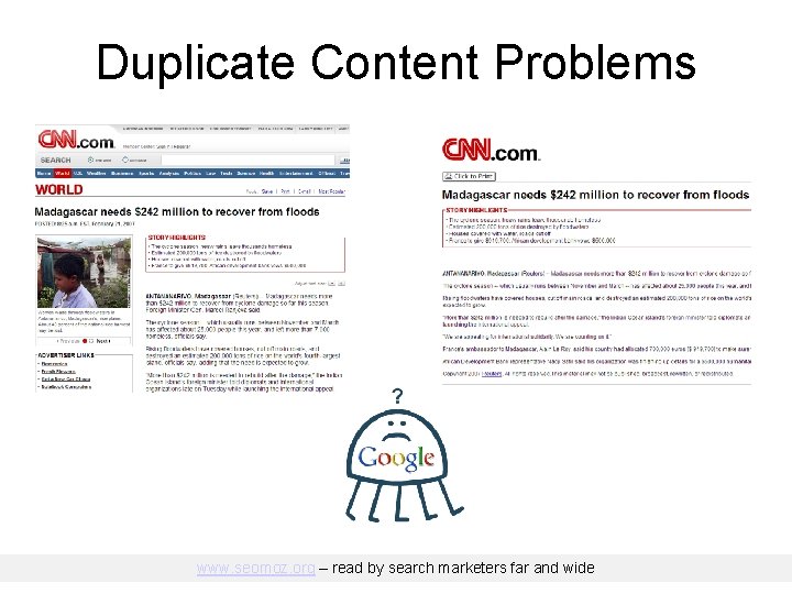 Duplicate Content Problems www. seomoz. org – read by search marketers far and wide