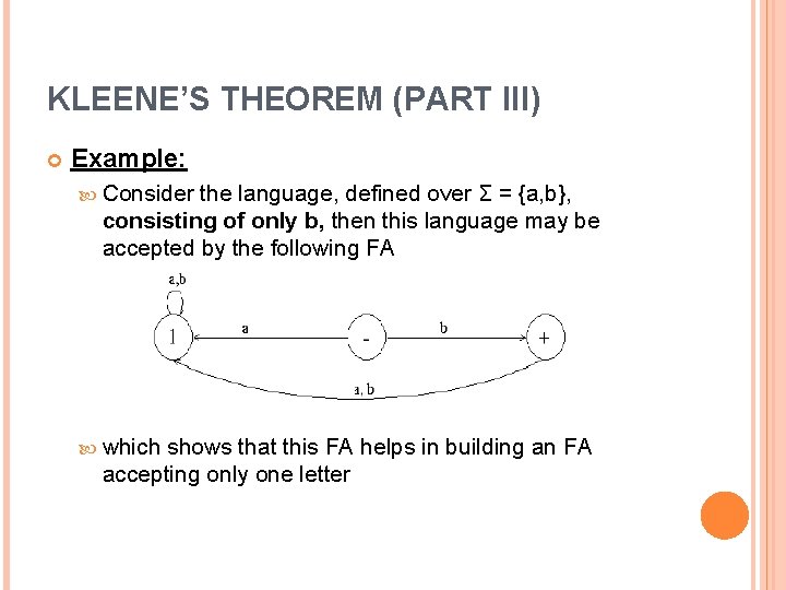 KLEENE’S THEOREM (PART III) Example: Consider the language, defined over Σ = {a, b},