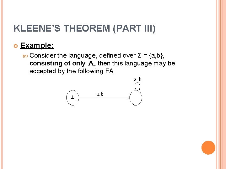 KLEENE’S THEOREM (PART III) Example: Consider the language, defined over Σ = {a, b},