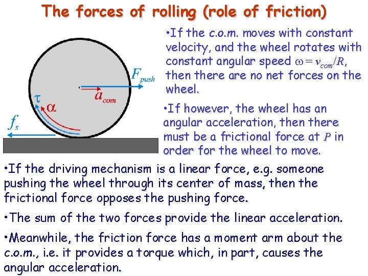 The forces of rolling (role of friction) • If the c. o. m. moves