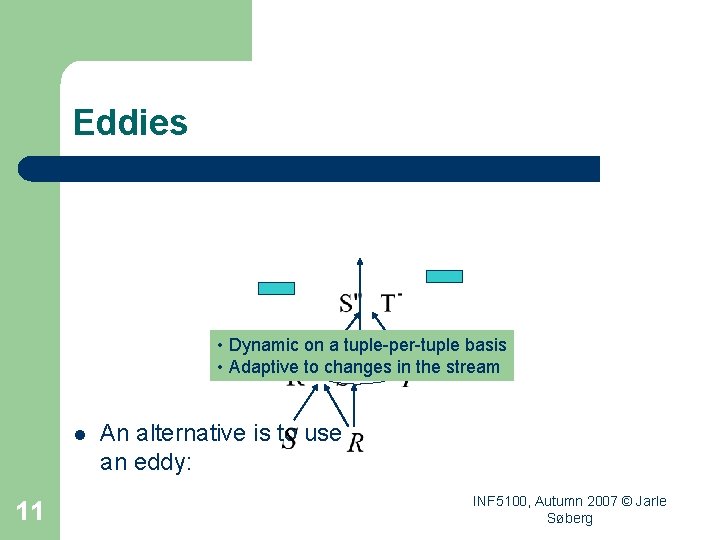 Eddies • Dynamic on a tuple-per-tuple basis eddy in the stream • Adaptive to