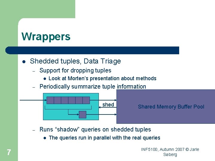 Wrappers l Shedded tuples, Data Triage – Support for dropping tuples l – Look