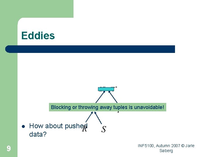 Eddies Blocking or throwing away tuples is unavoidable! l 9 How about pushed data?