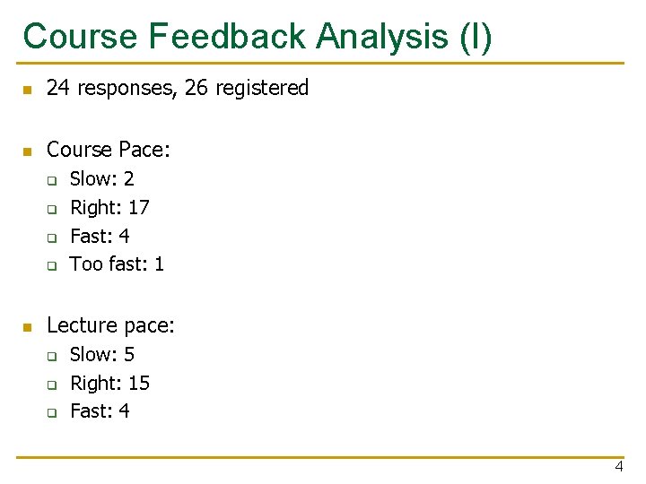 Course Feedback Analysis (I) n 24 responses, 26 registered n Course Pace: q q