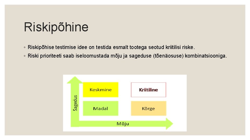 Riskipõhine ◦ Riskipõhise testimise idee on testida esmalt tootega seotud kriitilisi riske. ◦ Riski