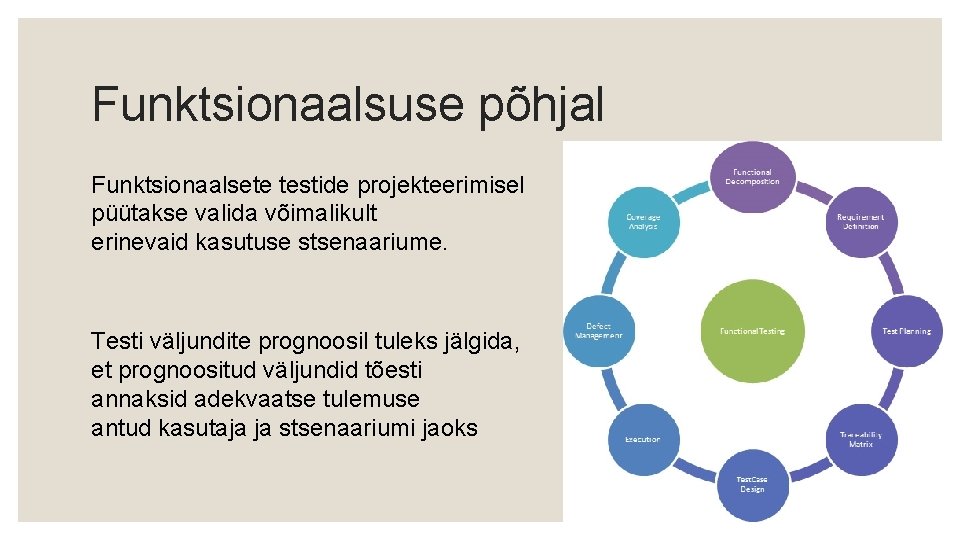 Funktsionaalsuse põhjal Funktsionaalsete testide projekteerimisel püütakse valida võimalikult erinevaid kasutuse stsenaariume. Testi väljundite prognoosil