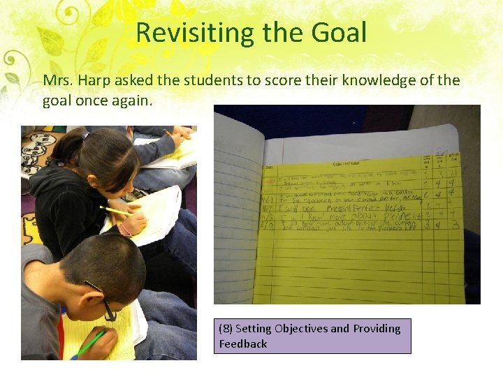 Revisiting the Goal Mrs. Harp asked the students to score their knowledge of the