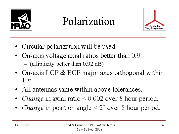 Polarization • Circular polarization will be used. • On-axis voltage axial ratios better than