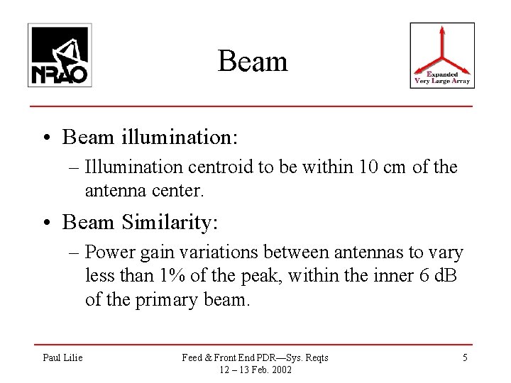 Beam • Beam illumination: – Illumination centroid to be within 10 cm of the