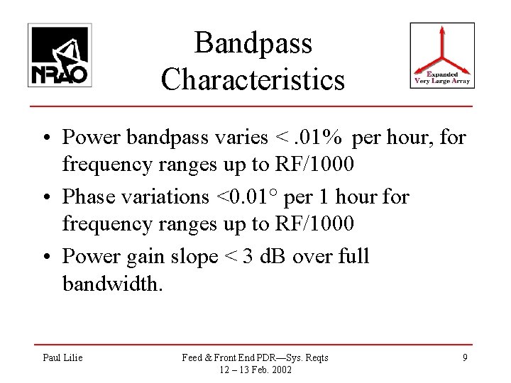 Bandpass Characteristics • Power bandpass varies <. 01% per hour, for frequency ranges up