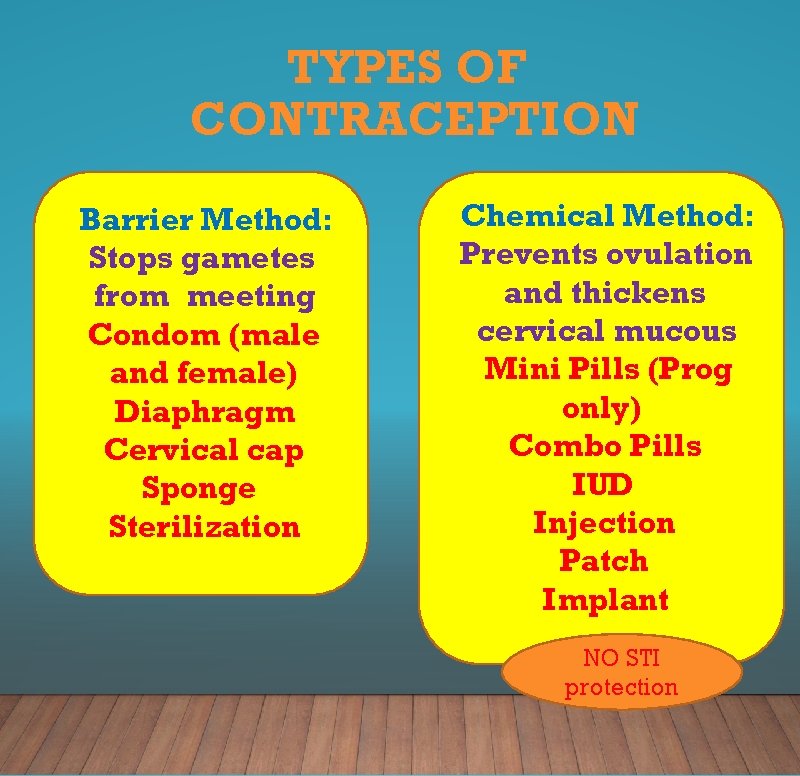 TYPES OF CONTRACEPTION Barrier Method: Stops gametes from meeting Condom (male and female) Diaphragm