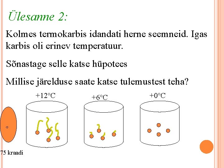 Ülesanne 2: Kolmes termokarbis idandati herne seemneid. Igas karbis oli erinev temperatuur. Sõnastage selle