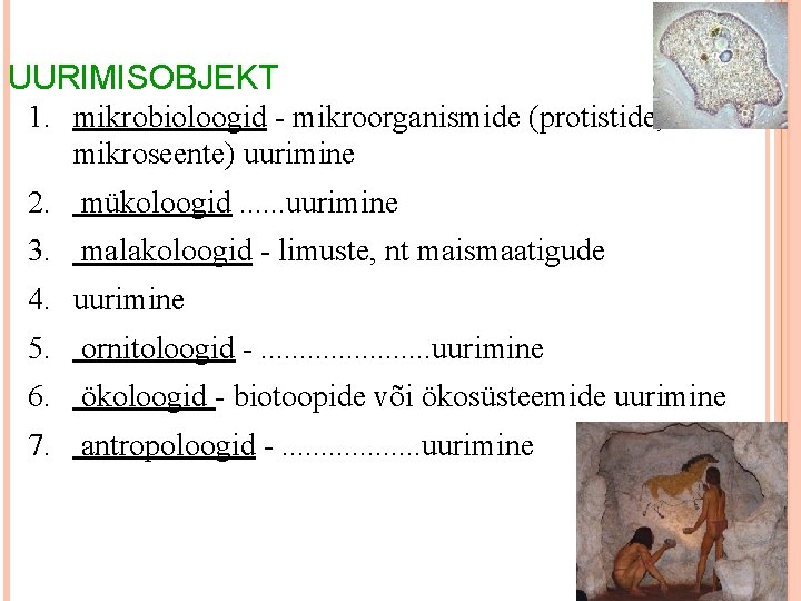 UURIMISOBJEKT 1. mikrobioloogid - mikroorganismide (protistide, mikroseente) uurimine 2. mükoloogid. . . uurimine 3.