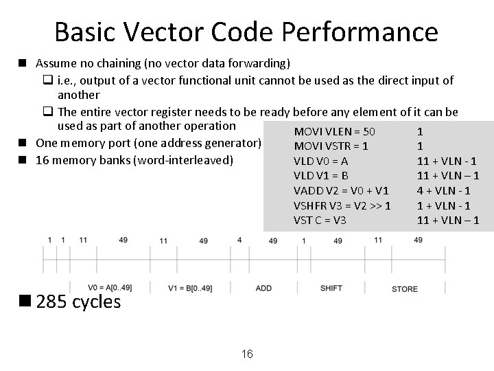 Basic Vector Code Performance n Assume no chaining (no vector data forwarding) q i.