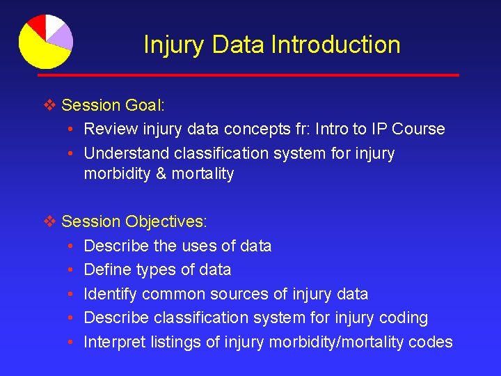 Injury Data Introduction v Session Goal: • Review injury data concepts fr: Intro to