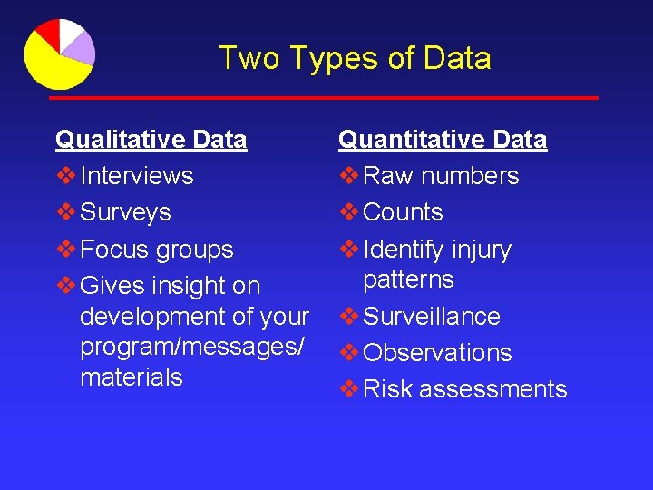 Two Types of Data Qualitative Data v Interviews v Surveys v Focus groups v