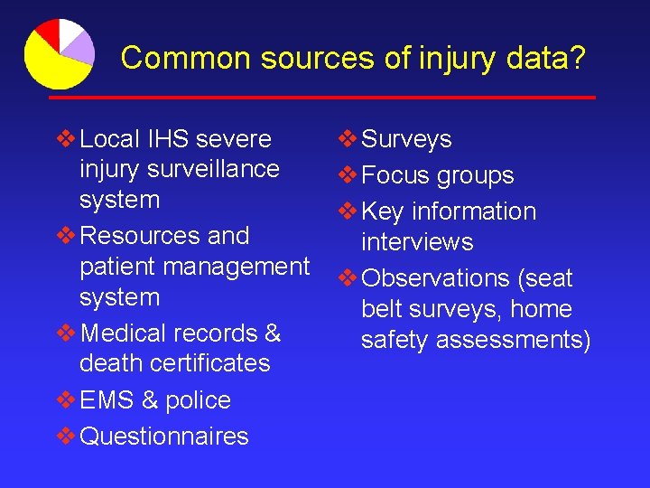 Common sources of injury data? v Local IHS severe injury surveillance system v Resources