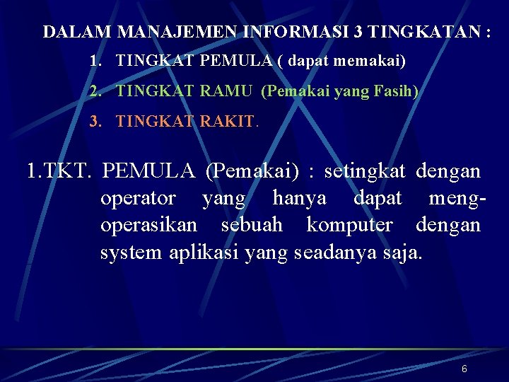 DALAM MANAJEMEN INFORMASI 3 TINGKATAN : 1. TINGKAT PEMULA ( dapat memakai) 2. TINGKAT