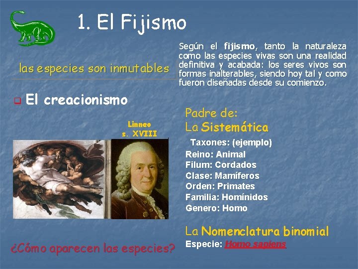 1. El Fijismo las especies son inmutables q El creacionismo Linneo s. XVIII Según 1. El Fijismo las especies son inmutables q El creacionismo Linneo s. XVIII Según