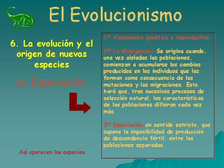 El Evolucionismo 6. La evolución y el origen de nuevas especies La Especiación Así El Evolucionismo 6. La evolución y el origen de nuevas especies La Especiación Así