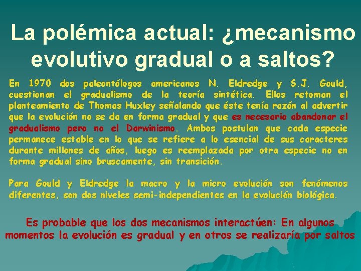 La polémica actual: ¿mecanismo evolutivo gradual o a saltos? En 1970 dos paleontólogos americanos La polémica actual: ¿mecanismo evolutivo gradual o a saltos? En 1970 dos paleontólogos americanos