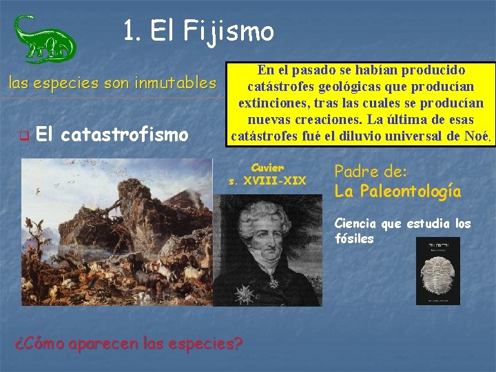 1. El Fijismo En el pasado se habían producido las especies son inmutables catástrofes 1. El Fijismo En el pasado se habían producido las especies son inmutables catástrofes