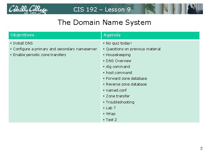 CIS 192 – Lesson 9 The Domain Name System Objectives Agenda • Install DNS