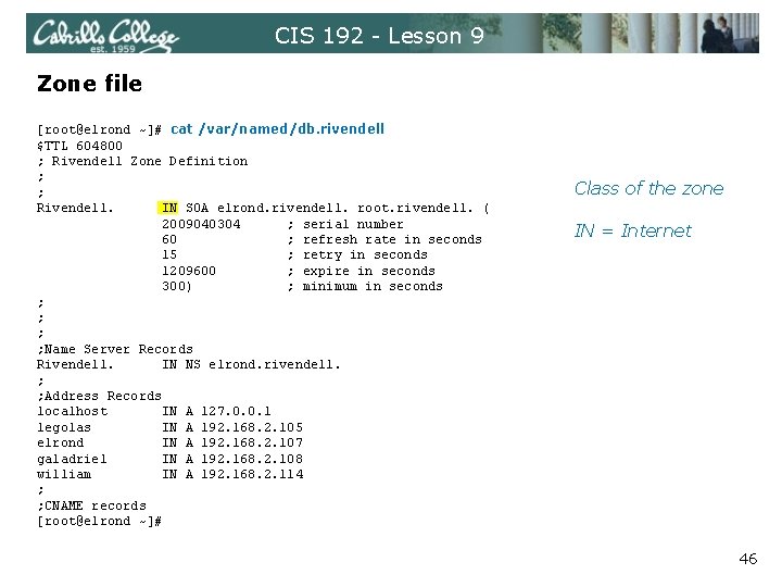 CIS 192 - Lesson 9 Zone file [root@elrond ~]# cat /var/named/db. rivendell $TTL 604800