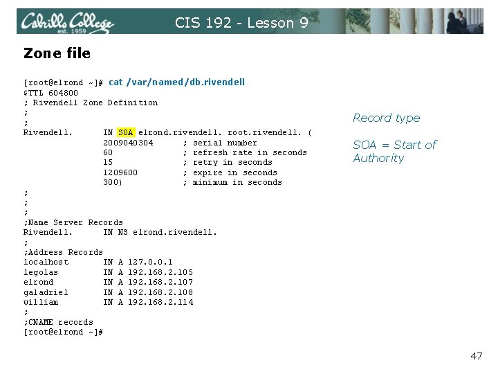 CIS 192 - Lesson 9 Zone file [root@elrond ~]# cat /var/named/db. rivendell $TTL 604800