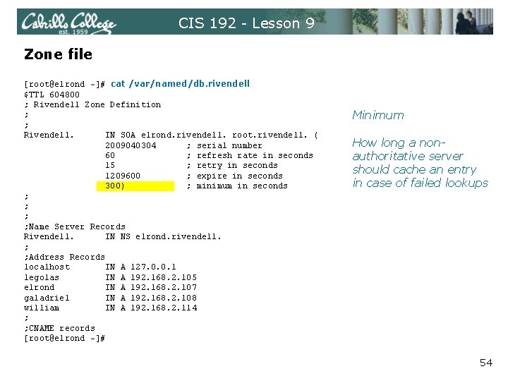 CIS 192 - Lesson 9 Zone file [root@elrond ~]# cat /var/named/db. rivendell $TTL 604800