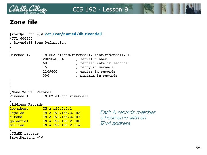 CIS 192 - Lesson 9 Zone file [root@elrond ~]# cat /var/named/db. rivendell $TTL 604800