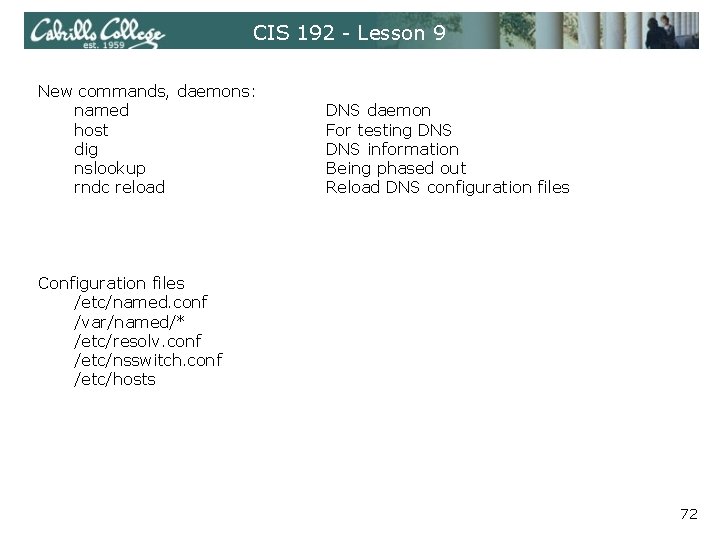 CIS 192 - Lesson 9 New commands, daemons: named host dig nslookup rndc reload