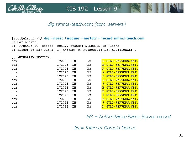 CIS 192 - Lesson 9 dig simms-teach. com (com. servers) [root@elrond ~]# dig +norec