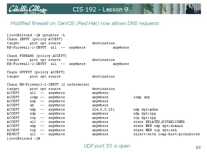 CIS 192 - Lesson 9 Modified firewall on Cent. OS (Red Hat) now allows