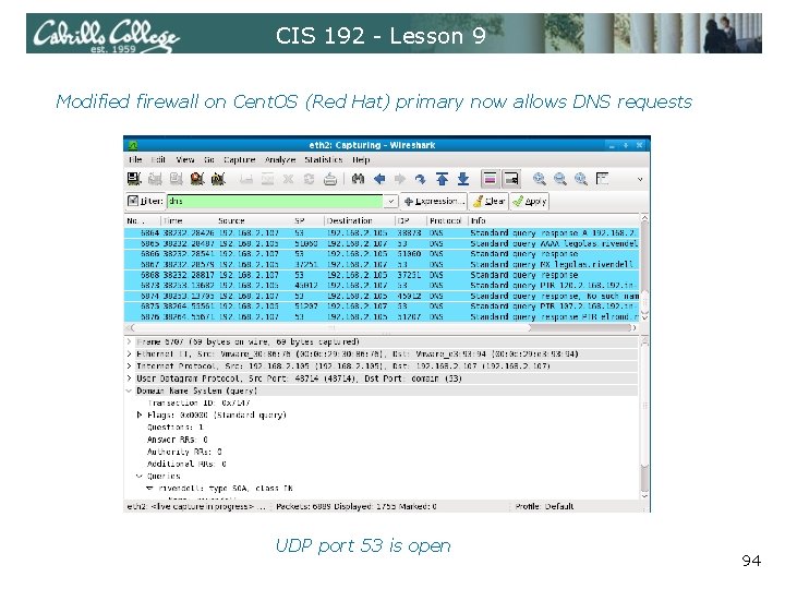 CIS 192 - Lesson 9 Modified firewall on Cent. OS (Red Hat) primary now