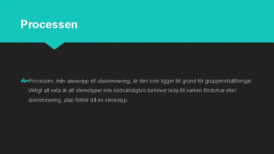 Processen Processen, från stereotyp till diskriminering, är den som ligger till grund för gruppmotsättningar.