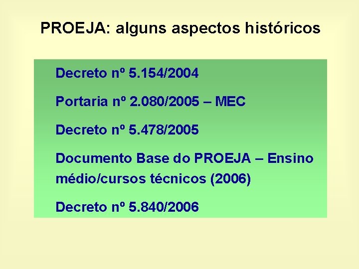 PROEJA: alguns aspectos históricos Decreto nº 5. 154/2004 Portaria nº 2. 080/2005 – MEC