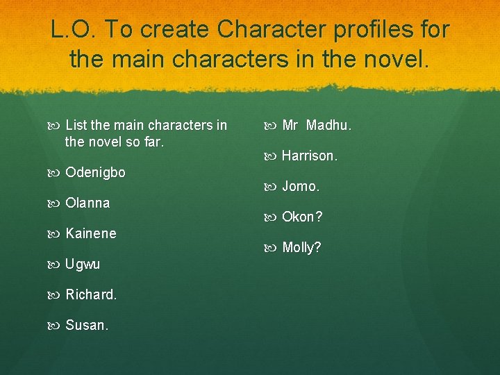 L. O. To create Character profiles for the main characters in the novel. List