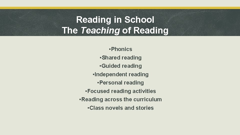 Reading in School The Teaching of Reading ▪Phonics ▪Shared reading ▪Guided reading ▪Independent reading