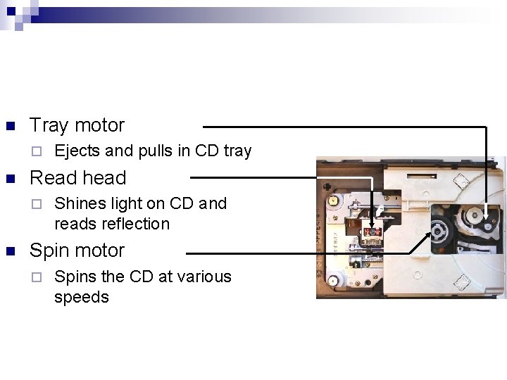 n Tray motor ¨ n Read head ¨ n Ejects and pulls in CD