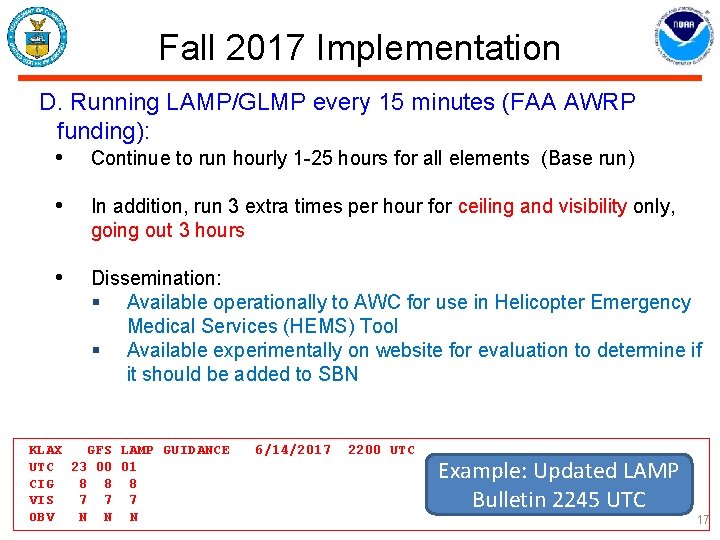 Fall 2017 Implementation D. Running LAMP/GLMP every 15 minutes (FAA AWRP funding): • Continue