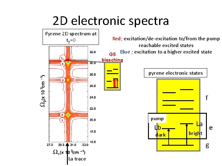 2 D electronic spectra Pyrene 2 D spectrum at t 2=0 Red; excitation/de‐excitation to/from