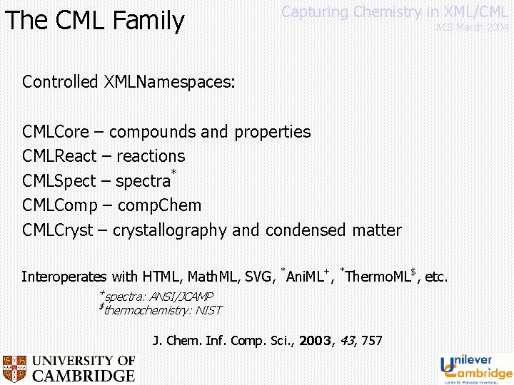 The CML Family Capturing Chemistry in XML/CML ACS March 2004 Controlled XMLNamespaces: CMLCore –