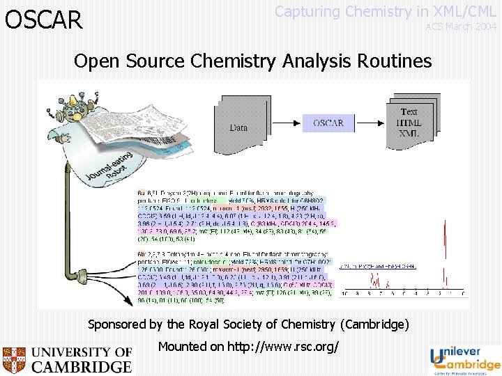 OSCAR Capturing Chemistry in XML/CML ACS March 2004 Open Source Chemistry Analysis Routines Sponsored