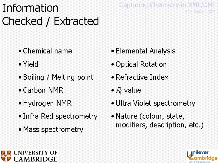 Information Checked / Extracted Capturing Chemistry in XML/CML ACS March 2004 • Chemical name