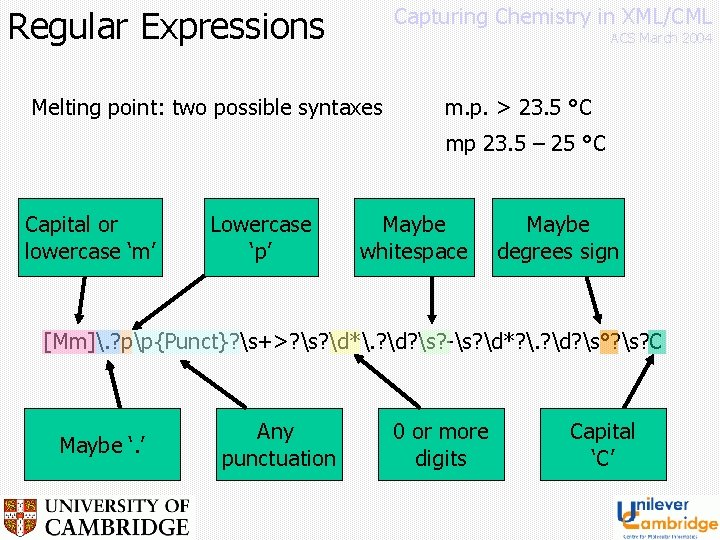 Capturing Chemistry in XML/CML Regular Expressions ACS March 2004 Melting point: two possible syntaxes