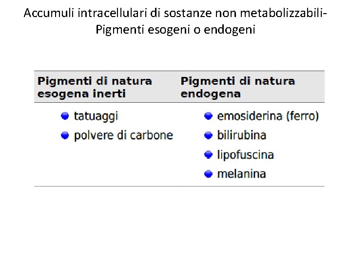 Accumuli intracellulari di sostanze non metabolizzabili. Pigmenti esogeni o endogeni 